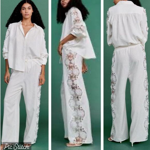 H&M PREMIUM SELECTION LINEN BLEND LACE INSET SHIRT & PANTS SET